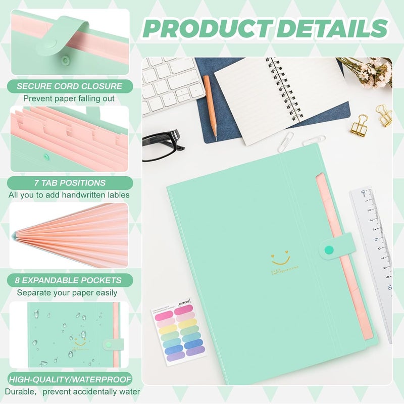 Nicecho Expanding File Folder, 8 Pockets Accordion File Organizer, A4 Letter Size Paper Document Receipt Organizer Accordian Filing Folder for Classroom, Home, Office and Travel(Green) - Image 2